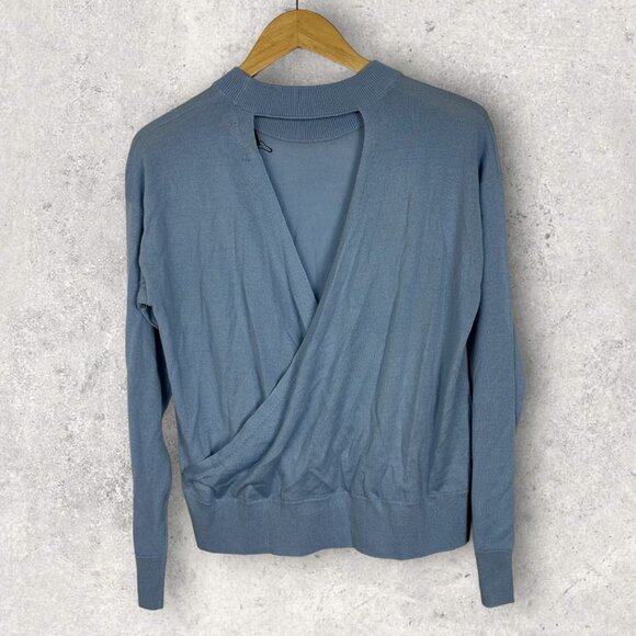 NEW Nordstrom Cross Back Wool Sweater Light Blue Fog Size Medium Open Back Top M - Picture 3 of 8